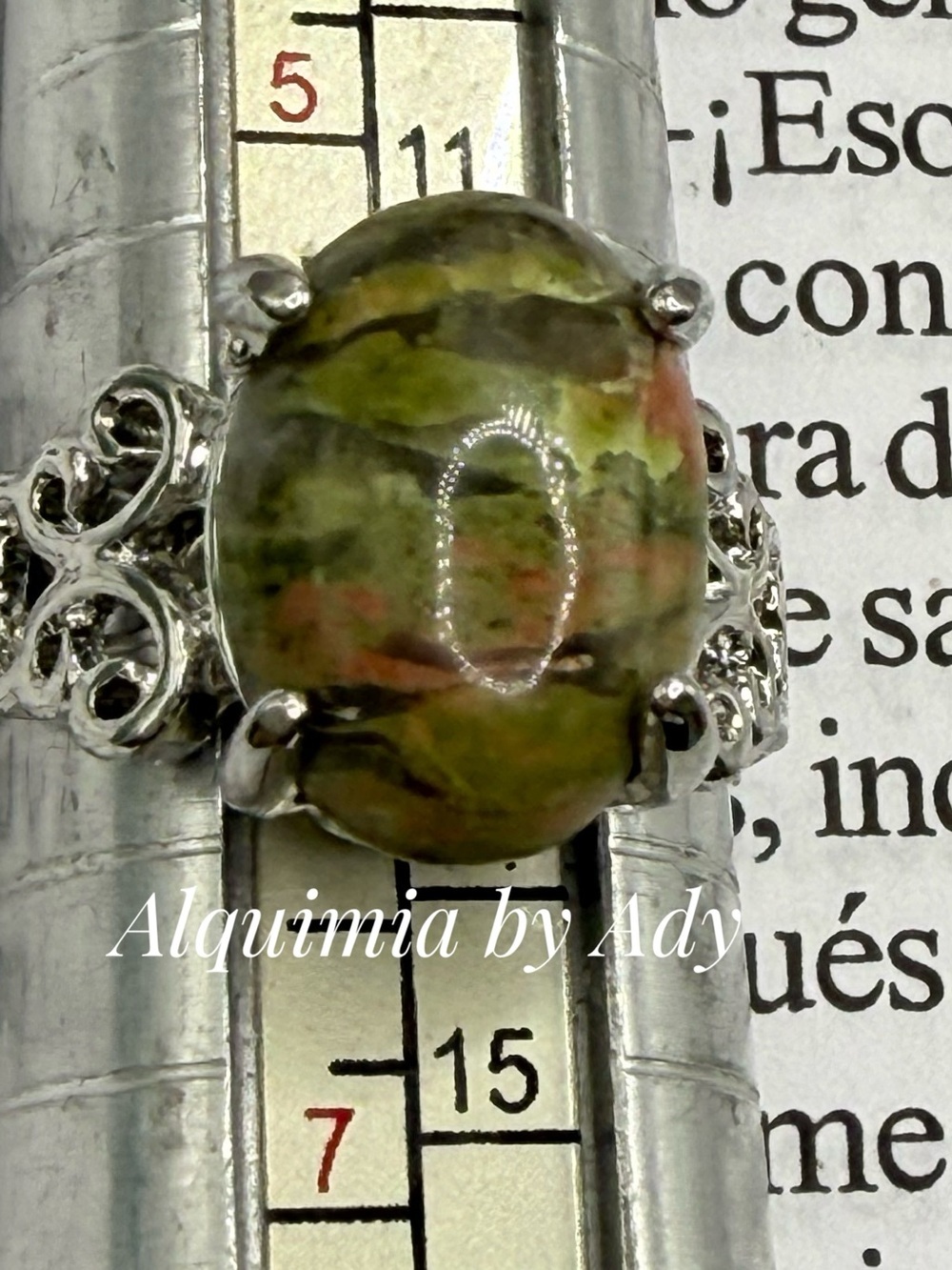 Olive Green unakite Oval Stone Ring in Silver Vine Setting